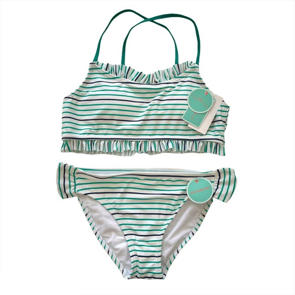 KIDS GIRLS Navy Blue Green Stripe Bikini Swim – Girls 10